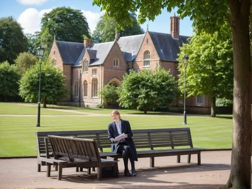 Transform the famous drawing by Bill Denny “Malvern College, Main Building” into a contemporary, high-resolution black and white photo in an impressive way.,a man is sitting on a bench in the park,eas