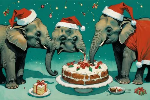 christmas animals,christmas cake,cartoon elephants,christmas sweets,modern christmas card,santa clauses,Illustration,Paper based,Paper Based 17