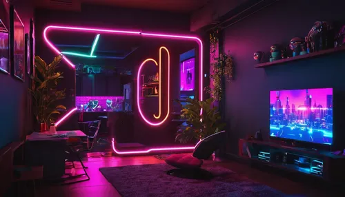 game room,livingroom,neon,playing room,neon lights,80's design,neon light,modern room,kids room,living room,neon sign,aesthetic,80s,cyberpunk,tv set,neon ghosts,neon arrows,tv,computer room,plasma tv,Conceptual Art,Sci-Fi,Sci-Fi 26