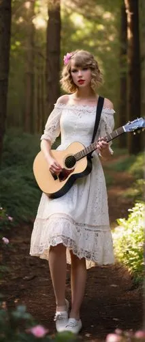 Taylor Swift, Lolita, solo, (18yo), curly blonde hair, bright blue eyes, natural makeup, pink lips, white off-shoulder dress, lace socks, black Mary Jane shoes, holding guitar, singing, forest, aftern