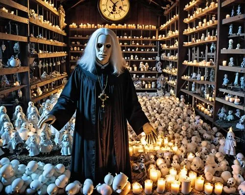 a mage with long white hair in a black robe casts an ice spell in a room full of clocks, the mystical and monumental atmosphere of the picture,ossuary,candlemaker,cryptkeeper,volturi,saruman,apothecar