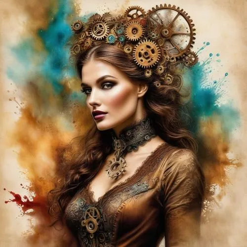 steampunk gears,steampunk,celtic queen,fantasy art,victorian lady,the enchantress,fantasy portrait,sorceress,wind rose,gothic portrait,boho art,gorgon,clockmaker,girl with a wheel,mystical portrait of a girl,artemisia,faery,athena,fantasy woman,gears,Illustration,Realistic Fantasy,Realistic Fantasy 13