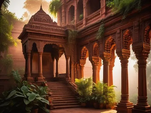 Ancient, mysterious, Indian-inspired amba architecture, intricate carvings, ornate sculptures, majestic grandeur, red sandstone walls, golden domes, towering spires, lush greenery, exotic flowers, vin