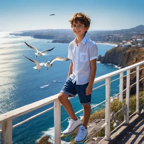 Tyroshi Got, Shota, young boy, smiling face, bright blue eyes, messy brown hair, casual wear, white shirt, dark blue shorts, sneakers, standing, leaning on railing, scenic coastal cliff, vast ocean vi