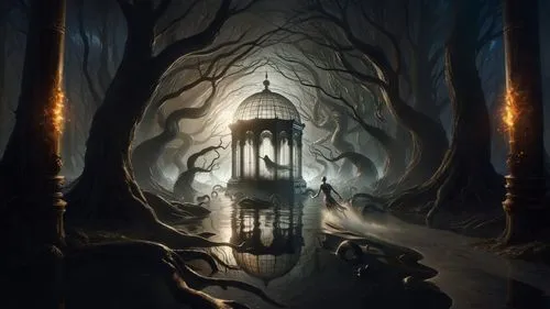 a fantasy illustration of a tree house with an animal sitting in it,mirkwood,mysterium,bioshock,shadowgate,fantasy picture,ravenloft