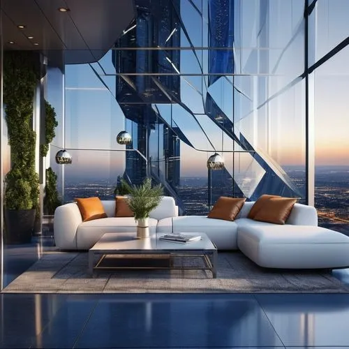 penthouse apartment,sky apartment,skyscapers,glass wall,modern living room,sky space concept,tallest hotel dubai,glass facades,residential tower,modern decor,living room,livingroom,futuristic architecture,3d rendering,glass facade,luxury property,interior modern design,contemporary decor,block balcony,luxury real estate,Photography,General,Realistic