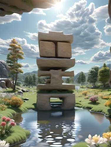 3d render,mushroom landscape,stacked stones,3d rendered,3d fantasy,virtual landscape,mushroom island,stacked rock,stacked rocks,background with stones,floating island,balanced boulder,3d background,render,stack of stones,zen garden,stacking stones,japanese zen garden,3d mockup,cubes