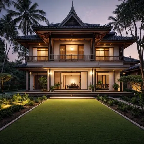 an ornate house with lighted windows, palm trees and green lawn,asian architecture,bali,amanresorts,javanese traditional house,kahala,seminyak,baan,beautiful home,tropical house,hualalai,hawaii bamboo