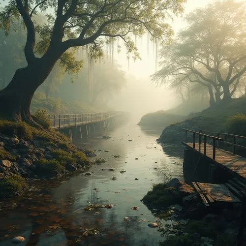 riverwood,wooden bridge,bayou,cryengine,enb,hangman's bridge,morning mist,the mystical path,swamps,atchafalaya,scenic bridge,novigrad,jordan river,creek,river landscape,riverside,flowing creek,forest lake,hanging bridge,streams,Photography,General,Realistic