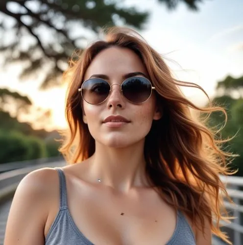 a woman with sunglasses standing on a bridge,aviators,sunglasses,marzia,bellisario,sun glasses,giulia