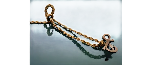 Metallic anchor, old rusty chain, attached to rope, floating on calm sea, early morning mist, golden lighting, detailed texture, realistic shading, shallow depth of field, cinematic composition, 3/4 v