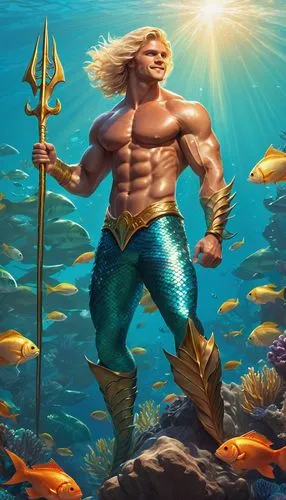 muscular merman, half-human half-fish, shiny turquoise scales, strong arms, broad chest, ripped abs, flowing blond hair, ocean-blue eyes, smiling face, holding a trident, standing on a rock, underwate