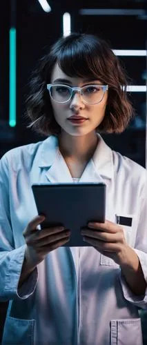 Christy, AI researcher, 25yo, short bob haircut, glasses, casual wear, white lab coat, holding tablet, standing, modern laboratory, futuristic equipment, LED lights, dark background, cinematic composi