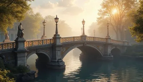 Elegant bridge, ornate railings, neoclassical arches, intricate carvings, ornamental lamp posts, grandiose pillars, rusticated stonework, majestic statues, flowing curves, symmetrical composition, war