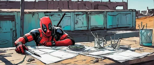 dead pool,deadpool,coloring,breakfast table,colouring,red cooking,dining,diner,breakfast on board of the iron,colored,kitchen table,rooftop,red tablecloth,red hood,breakfast outside,daredevil,still life with jam and pancakes,washing dishes,placemat,lunchbox,Illustration,Realistic Fantasy,Realistic Fantasy 23