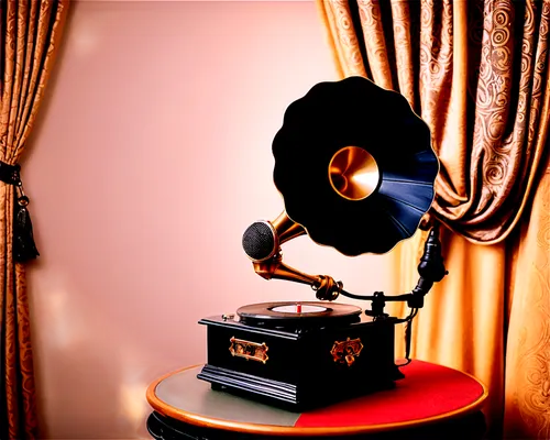  Vinyl record, vintage gramophone, old-fashioned microphone, luxurious velvet curtains, ornate golden frames, soft spotlight, nostalgic ambiance, warm color tone, shallow depth of field, 3/4 compositi