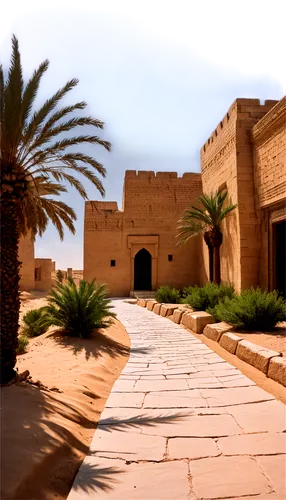 Desert landscape, Iraq, sunny day, blue sky, palm trees, ancient ruins, stone walls, Arabic architecture, intricate carvings, sandy dunes, worn pathways, warm light, high contrast, cinematic compositi