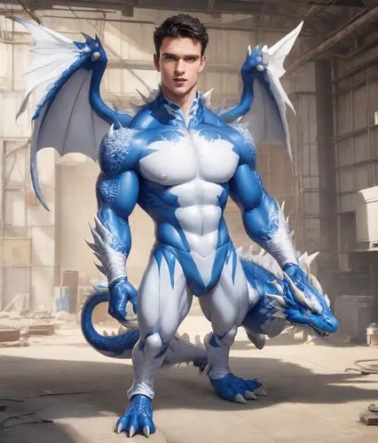 A mistake at the rubber factory. The  guy is a blue and white inflatable toy dragon. The character has a muscular body, the skin is made of sticky vinyl. The chest is made of white vinyl. Blue vinyl w