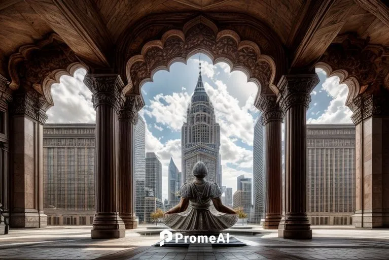 chrysler building,metropolis,vipassana,meditation,pillars,three pillars,photomanipulation,the pillar of light,asian architecture,temple fade,photo manipulation,yogananda,temples,conceptual photography