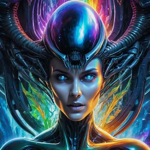 a futuristic woman wearing head gear in a psychedelic artwork,telepath,cyberangels,psytrance,alien warrior,vril,precognition,Conceptual Art,Fantasy,Fantasy 02