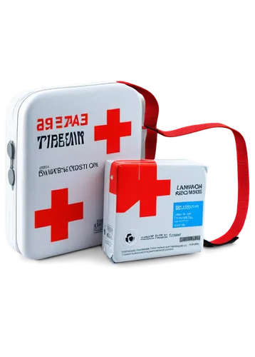 First aid kit, red cross symbol, white background, medical theme, detailed objects, transparent packaging, shiny surface, realistic reflection, softbox lighting, 3/4 composition, shallow depth of fiel