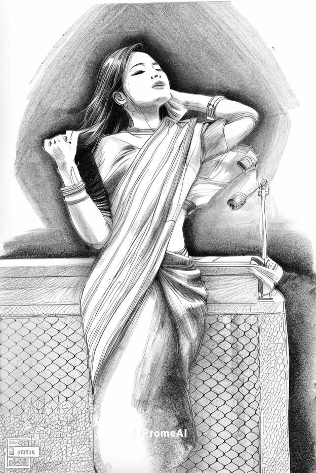 Make the the photo ink sketch,a drawing of a girl in a saree,art deco woman,odalisque,woman on bed,canova,nightdress,comic halftone woman,Design Sketch,Design Sketch,Character Sketch