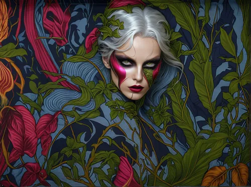 bodypainting,kahila garland-lily,bodypaint,tilda,popart,masquerade,harlequin,body painting,hedwig,secret garden of venus,flora,feist,floral composition,cruella de ville,fantasy woman,the carnival of venice,background ivy,applause,tapestry,scary woman,Photography,General,Realistic