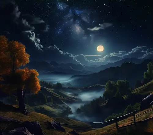 a painting of a full moon is shown,moonlit night,fantasy landscape,landscape background