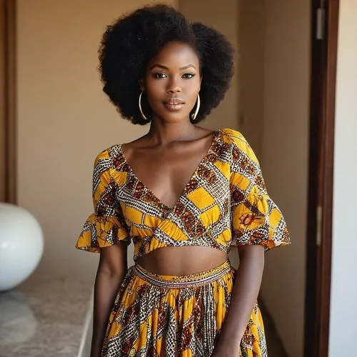 hermosa mujer africana natural super modelo de 20 años en un apartamento de lujo en África. Tiene la piel morena natural, sin maquillaje. Tiene el cabello largo, rizado y afro natural que cae sobre su