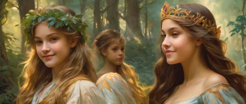 celtic woman,vintage fairies,fairies,princess crown,forest background,four seasons,jessamine,diadem,crowns,princesses,young women,fairy tale icons,fairy forest,elven forest,the three graces,fantasy pi