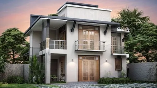 Show that there are trees in the background and a road in front. There should be a wall around the house.There are chairs inside the house. grasses, sri lanka,3d rendering,floorplan home,stucco frame,