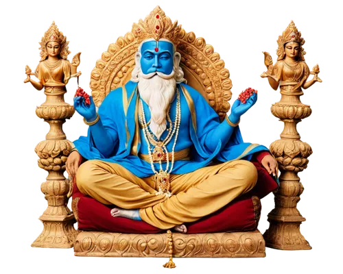 Hindu god, Brahma, four heads, white beard, golden crown, blue skin, red eyes, multiple arms, holding Vedas, rosary, lotus flower, ornate jewelry, intricately carved throne, Indian palace, warm golden