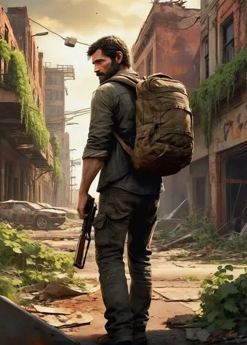 Last of Us, post-apocalyptic scene, abandoned cityscape, ruined buildings, overgrown with vines, broken streets, deserted atmosphere, Joel, bearded, worn clothing, backpack, rifle, gruff expression, w