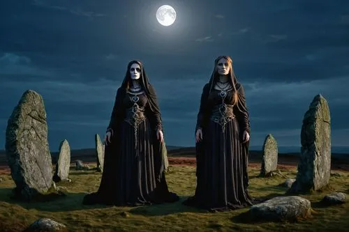 An apparition of the dark Goddess of Death in Life  (appearing as a beautiful but terrifying mature woman) forming from the ancient stones in a stone circle , dark, something is coming, <lora:detailed