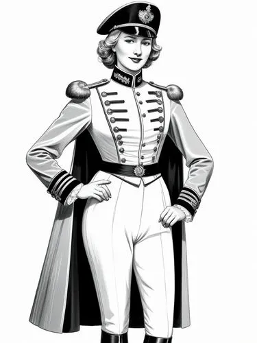 Fit my distinguished Prussian friend, Dame Colonel-General Ficky-Louise von Manteuffel, with a tight-fitting ladies' uniform.,a man in a military outfit is standing,napoleon bonaparte,minuteman,genera