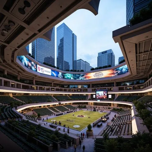 Fragmented stadium architecture, irregular shapes, bold color schemes, dynamic lighting effects, sleek metal beams, exposed ductwork, fractured concrete surfaces, abstract art installations, urban cit