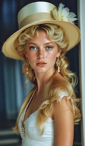 a woman wearing a dress and hat poses,connie stevens - female,brigitte bardot,eleniak,bardot,ann margaret,panama hat,Photography,General,Realistic