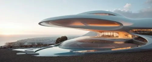 DISEÑO EXTERIOR DE UNA RESIDENCIA ESTILO FUTURISTA CON FORMA ESPACAIL ORGANICA, CON UN AMPLIO VENTANAL DE CRISTAL AL FRENTA, CON VISTA AL MAS, RODEADA DE VEGETACIÓN EXUBERANTE, CORRECION DE ERRORES, P