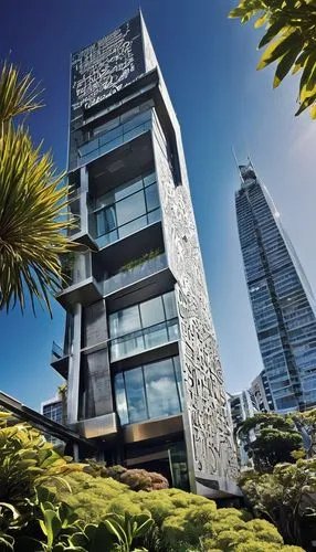 Modern architectural design plan, Auckland cityscape, skyscraper, sleek glass facade, steel beams, cantilevered roof, rooftop garden, urban jungle, concrete foundation, angular lines, futuristic aesth