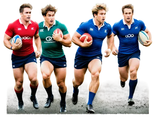 Rugby players, muscular men, sporty, dynamic pose, sweaty skin, messy hair, athletic build, ripped muscles, rugged facial expression, wearing rugby uniform, holding rugby ball, running, tackling, scor