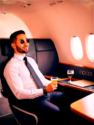 Inside airplane, luxury business class, solo male passenger, 30s, beard, sunglasses, leather seat, wooden trim, soft carpet, overhead compartment, emergency exit sign, oxygen mask, tray table, champag