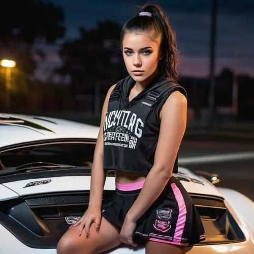 The main focus of the image is a 20 year old young girl leaning against the front of a modified sports car. It features a customized hood, racing or brand stickers on the side windows and a visible in