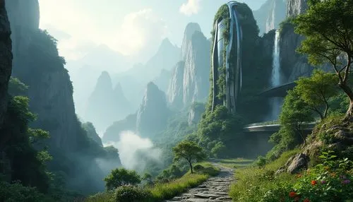 fantasy landscape,rivendell,mountainous landscape,valley,mountain landscape,futuristic landscape,green valley,zhangjiajie,gondolin,the valley of the,zhangjiagang,shaoming,fantasy picture,mountain valley,verdant,huangshan,green landscape,the mystical path,mountain scene,valley of the queens,Photography,General,Realistic