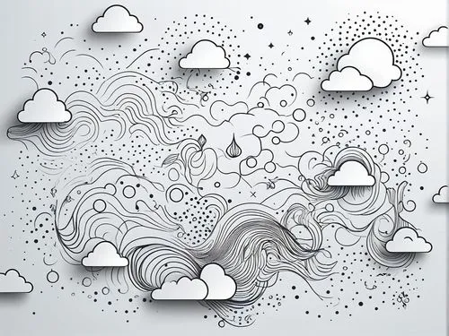 clouds with a sky and stars in the background,paper clouds,cloudbursts,raincloud,cloud play,cloud image,cloudburst,Illustration,Black and White,Black and White 04