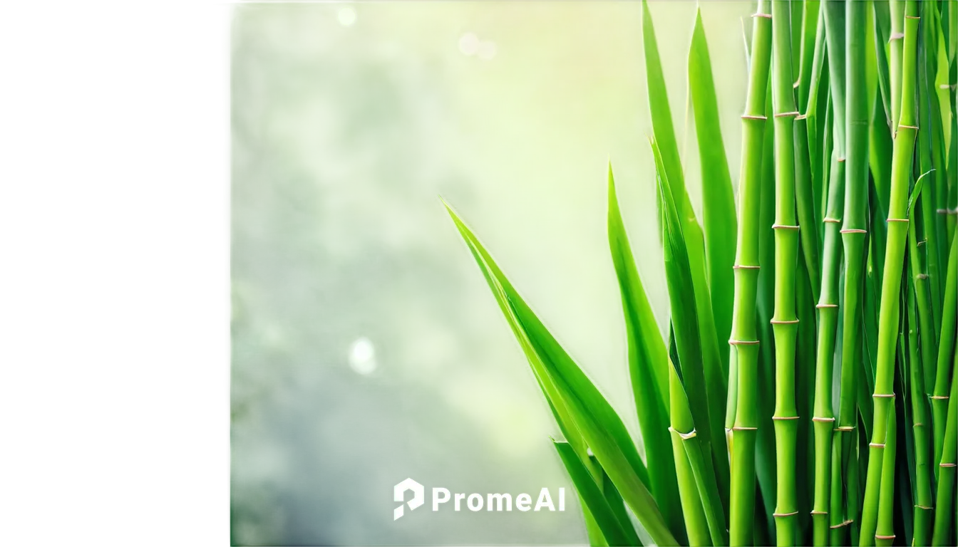 Bamboo sticks, clustered together, green leaves, gentle curves, delicate nodes, natural texture, morning dew, soft sunlight filtering through leaves, 3/4 composition, shallow depth of field, warm colo