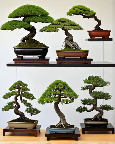 Collection of five bonsai trees at the National Arboretum in Washington D.C.,bonsai tree,bonsai,elm bonsai,japanese kuchenbaum,maple bonsai,the japanese tree,prostrate juniper,silk tree,pine family,so