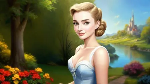 Romantic masterpiece oil painting, cute girl portrait, nostalgic 1950's style kitsch, breathtaking beautiful kingdom landscape, majestic fantasy scenery, evening lighting,  highly detailed, highres, a