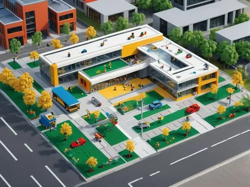 modern school building, SP+A style architecture, with lego cars and perking lot, streets and lampposts, sidewalk with lego people, landscape and foliage,  Rendered in style of lego,lego city,micropoli