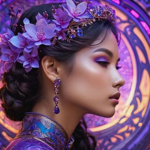 oriental princess,adornment,purples,adornments,oriental girl,purple rose,violet colour,purple lilac,indian bride,faery,violaceous,jasmine blossom,megara,gold and purple,mystical portrait of a girl,adorned,baoshun,fairy queen,veil purple,lilac blossom,Photography,General,Fantasy