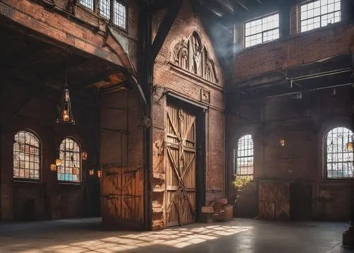 Historic Albany, industrial era, abandoned warehouse, intricate brick facade, ornate stone carvings, rusty metal doors, worn wooden beams, distressed concrete floor, vintage machinery, old lanterns, d